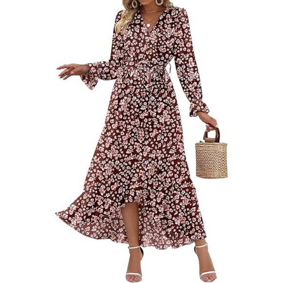 Dresses & Skirts - Womens Dresses Floral High Waist Ruffle Guest Cocktail Boho Long Sleeve Dress L‎